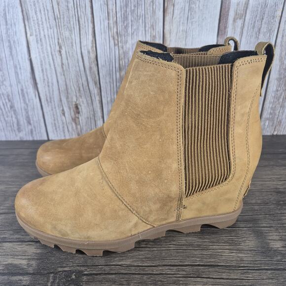 SOREL Joan of Arctic Wedge II Chelsea WP Boots Camel Brown Leather Women's Sz 10 - Picture 1 of 9